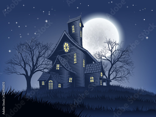 A spooky haunted house mansion Halloween background with a full moon