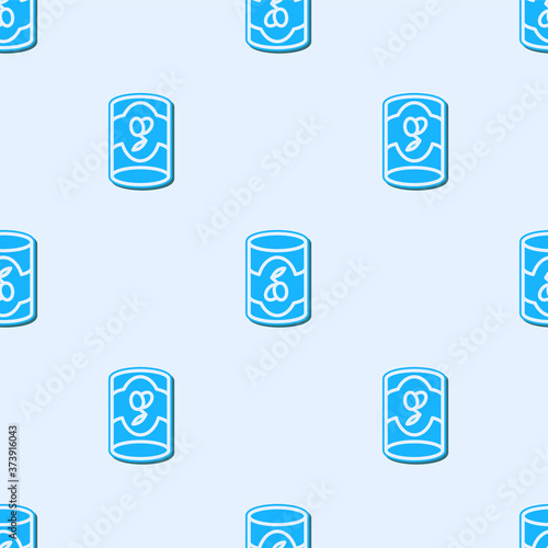 Blue line Olives in can icon isolated seamless pattern on grey background. Concept of canned food. Vector.