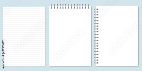 Lined paper set, template of spiral notebook and notepad sheets. Vector Illustration.