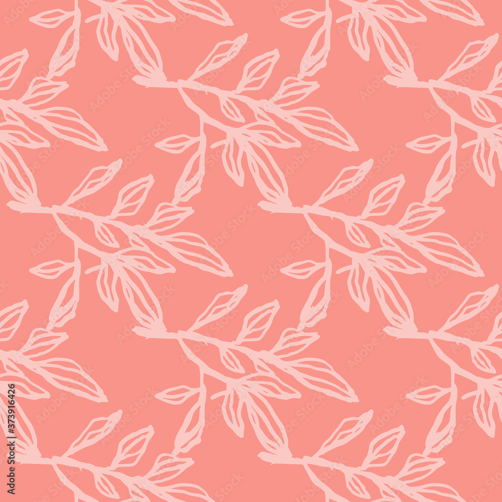 Fototapeta premium Minimalistic floral outline branch seamless pattern. Pink soft background with white contoured foliage.
