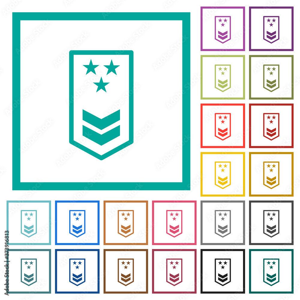 Military insignia with two chevrons and three stars flat color icons with quadrant frames Military insignia with two chevrons and three stars flat color icons with quadrant frames