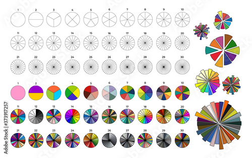 Big set of segmented circles. Various number 0-30 of sectors divide the circle on equal parts. Colored, black and white outline graphics. Vector illustration. Isolated on white background.