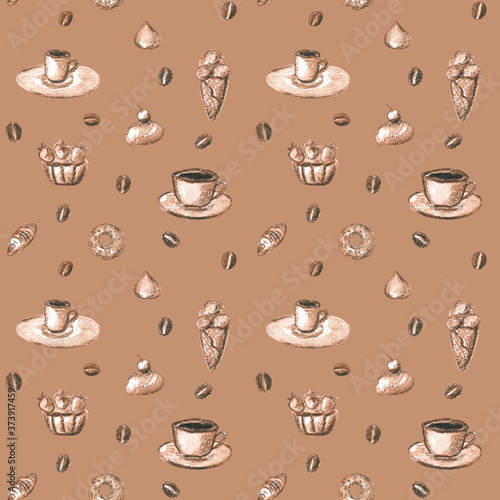 Cocoa seamless pattern with cups of coffee, ice cream and sweets. Hand-drawn elements. Cute design for wrapping paper, cafe accessories, placemats, napkins, wallpapers and backdrops. © FlowersForBear