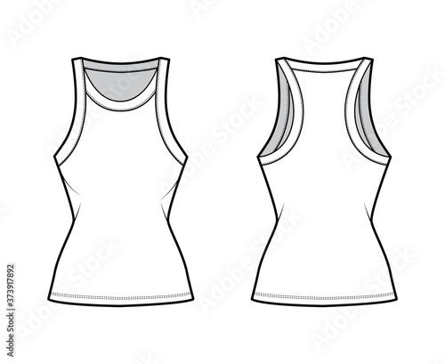Cotton-jersey racer-back tank technical fashion illustration with fitted body, wide scoop neckline. Flat outwear cami apparel template front, back white color. Women men unisex shirt top CAD mockup