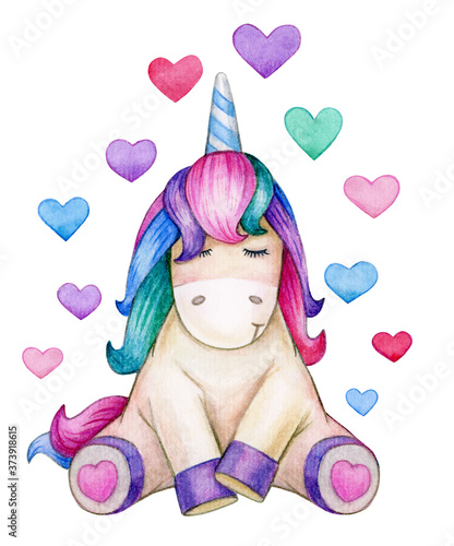 Cute, sitting unicorn with hearts, isolated on white. Watercolor illustration.