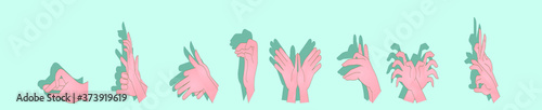 set of hands gesture like different animals imagination theatrical symbol and people finger figures puppet cartoon icon design template with various models. vector illustration
