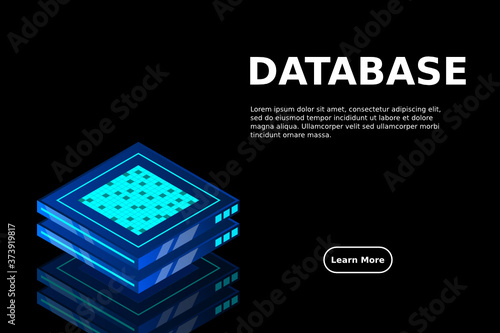 Set of server room icons, data center and database, futuristic data processing, cloud storage isometric vector dark background
