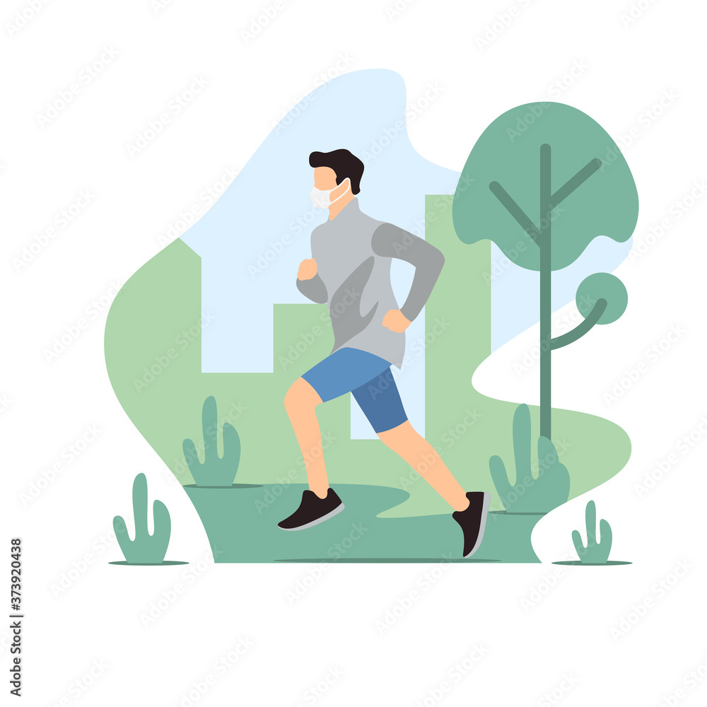illustration of a man running using a mask, in the new normal period of the Covid-19 pandemic.