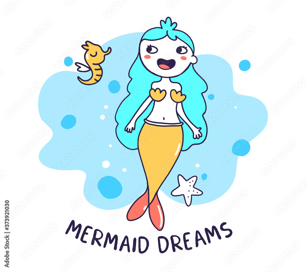 Vector illustration of little mermaid with sea horse and starfish on water background. Vector illustration of little mermaid with sea horse and starfish on water background.