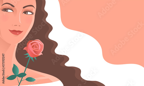 Beautiful bride with a rose. Wedding veil on the head, long curly hair. Banner with place for text. Vector romantic illustration.