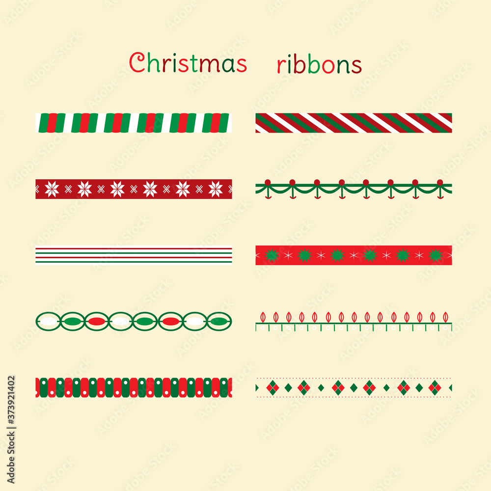 Vector set of Christmas seamless ribbons in white, red and green colors. Collection of pattern brushes for greeting card, scrapbooking album, collage, decorating candles, glass and home accessories.