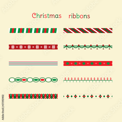 Vector set of Christmas seamless ribbons in white, red and green colors. Collection of pattern brushes for greeting card, scrapbooking album, collage, decorating candles, glass and home accessories.