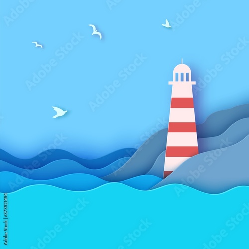 Lighthouse on the shore of a reservoir in paper cut style. Vector 3d sea waves, mountain shape and flying birds in blue sky cut out from cardboard. Wallpaper of National Lighthouse Day August 7