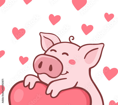 Vector illustration of happy cartoon enamored pig with pink heart on white background.