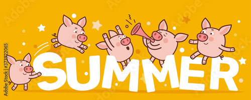 Vector summer illustration with a big white word and cute cartoon many little pink pig on bright background.