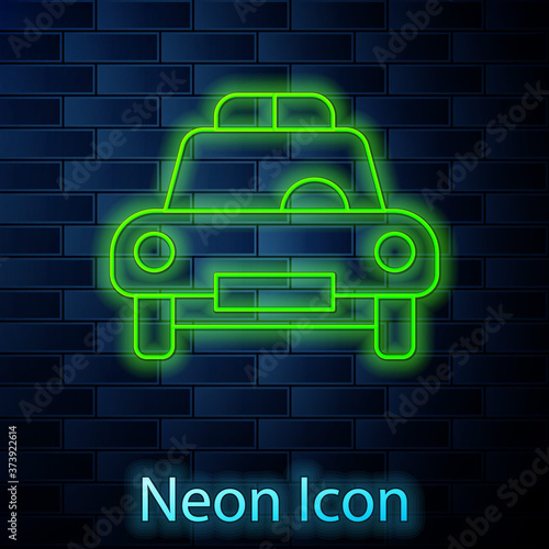 Glowing neon line Police car and police flasher icon isolated on brick wall background. Emergency flashing siren. Vector.