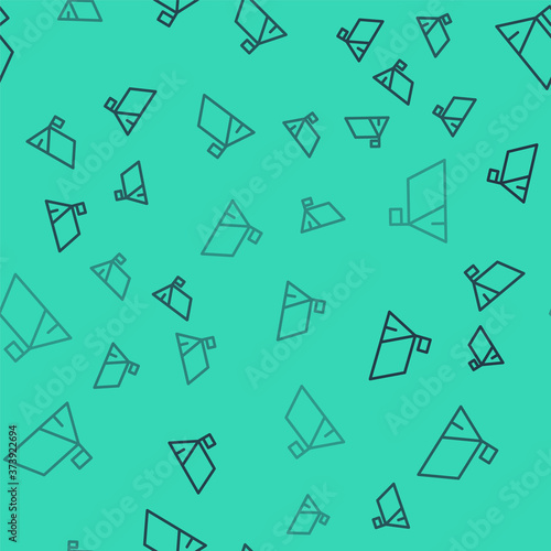 Black line Protest camp icon isolated seamless pattern on green background. Protesting tent. Vector.
