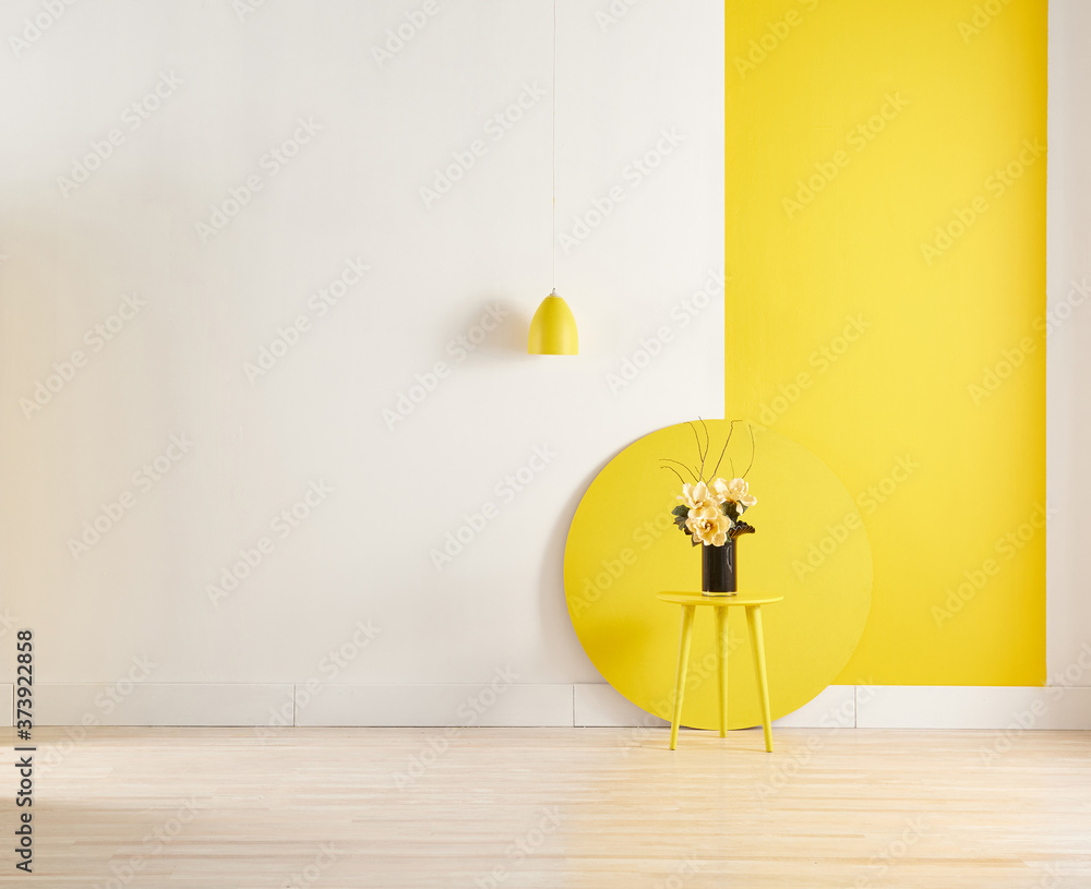 Yellow and white room decoration with surf wooden and round style. Yellow and white room decoration with surf wooden and round style.