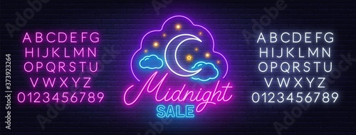 Midnight sale neon sign on a brick wall background. template Yellow and blue neon alphabets. Vector illustration.