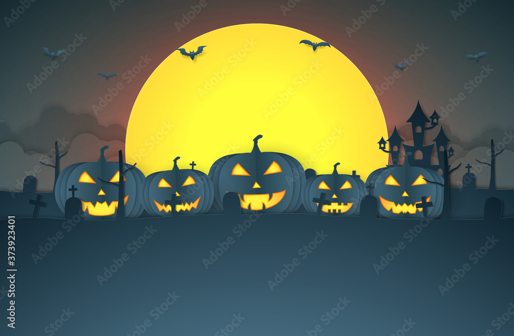 Halloween pumpkin head with castle, graveyard on the hill and super moon, copy space, paper art style