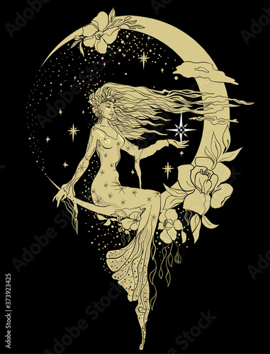 Graphic silhouette of a art deco woman. Moon and stars queen. Flat style illustration. Fashion luxury