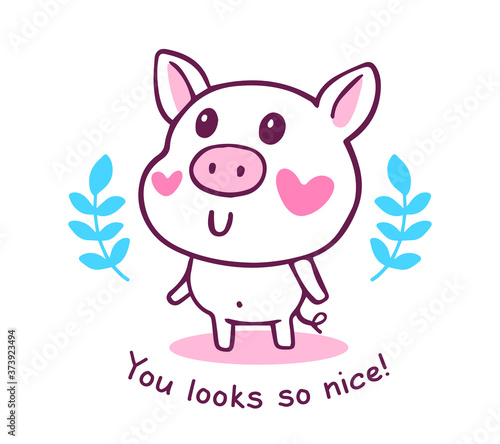 Vector illustration of nice cartoon pig with pink heart cheeks and text on white background. © klaiority