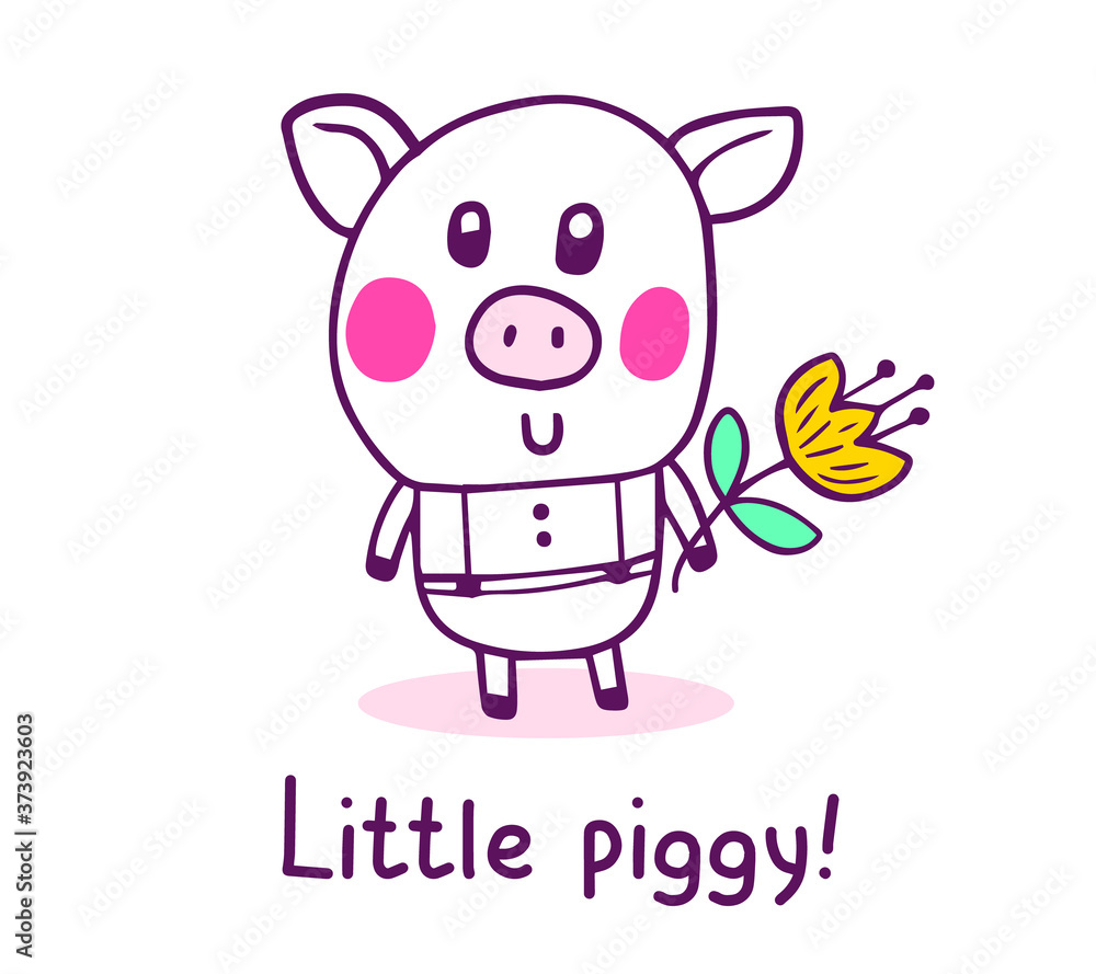 Vector illustration of happy cartoon pig with pink cheeks and text holding yellow flower on white background.