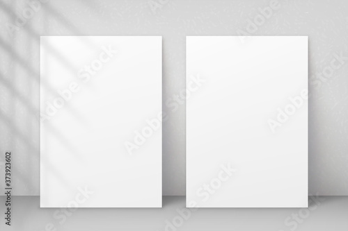 Mockup flyer with shadow plant leaf. Light from window. Mock up sheet paper format A4. Mockups poster. Shadow overlay effect. Mockup white  empty blank. Scene mock up. Vector