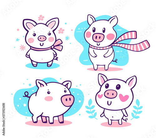 Vector set of illustration of happy cartoon pig with pink cheeks in different poses on white background.