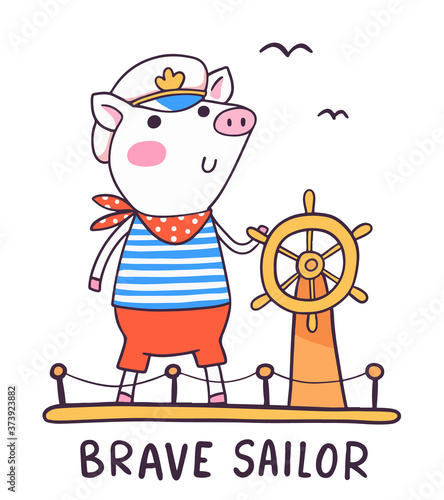 Vector illustration of cartoon piglet in captain hat sailing on the ship with steering wheel on white background with seagull and text.