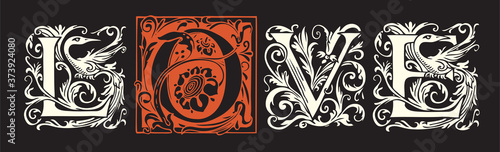 The inscription Love in the form of square hand-drawn ornate letters in vintage style on the black background. Suitable for design t-shirts, cards, Valentines, wedding. Vector lettering stylish text