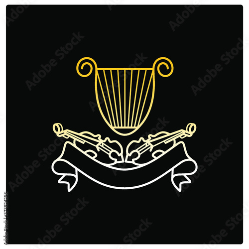 two violins  lyre and ribbon for black design  wedding decor vector icon in outline