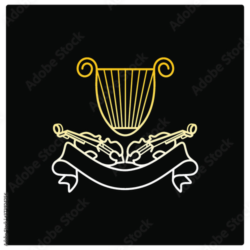 two violins, lyre and ribbon for black design, wedding decor vector icon in outline