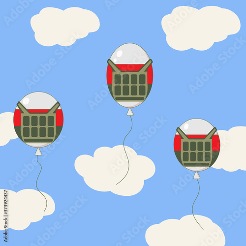 Flying white-red-white balloons wearing body armor. Belarus,august 2020.National flag,symbol of republic wearing bulletproof vests in the sky.Pomestic policy.Nonviolent methods of struggle.Freedom