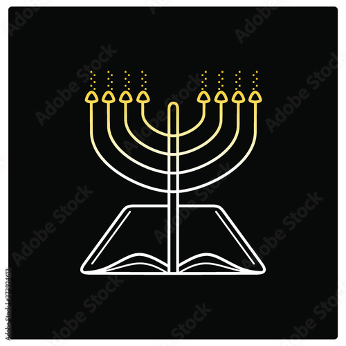 Talmud and menorah black design,  yeshiva vector icon in outline