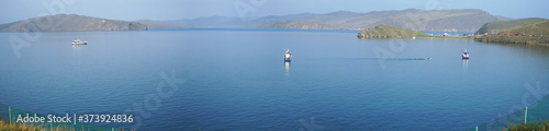 panoramic view of the Bay with many boats and ships. concept of travel. Beautiful landscape of Siberian Baikal Lake.