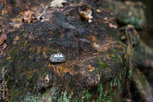 small painted stones can be found in  unusual places like here in the forest