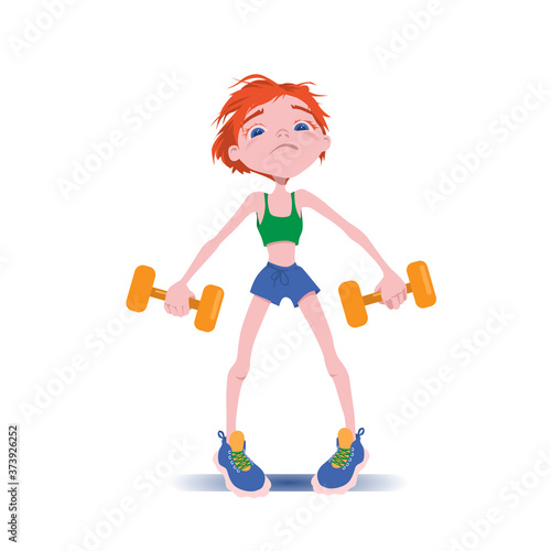 Young cute girl goes in for sports with dumbbells.
