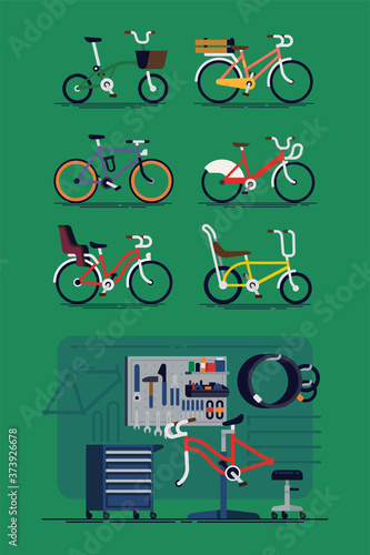 Set of flat design urban bicycles of various styles and sizes with bike mechanic workplace in local repair shop
