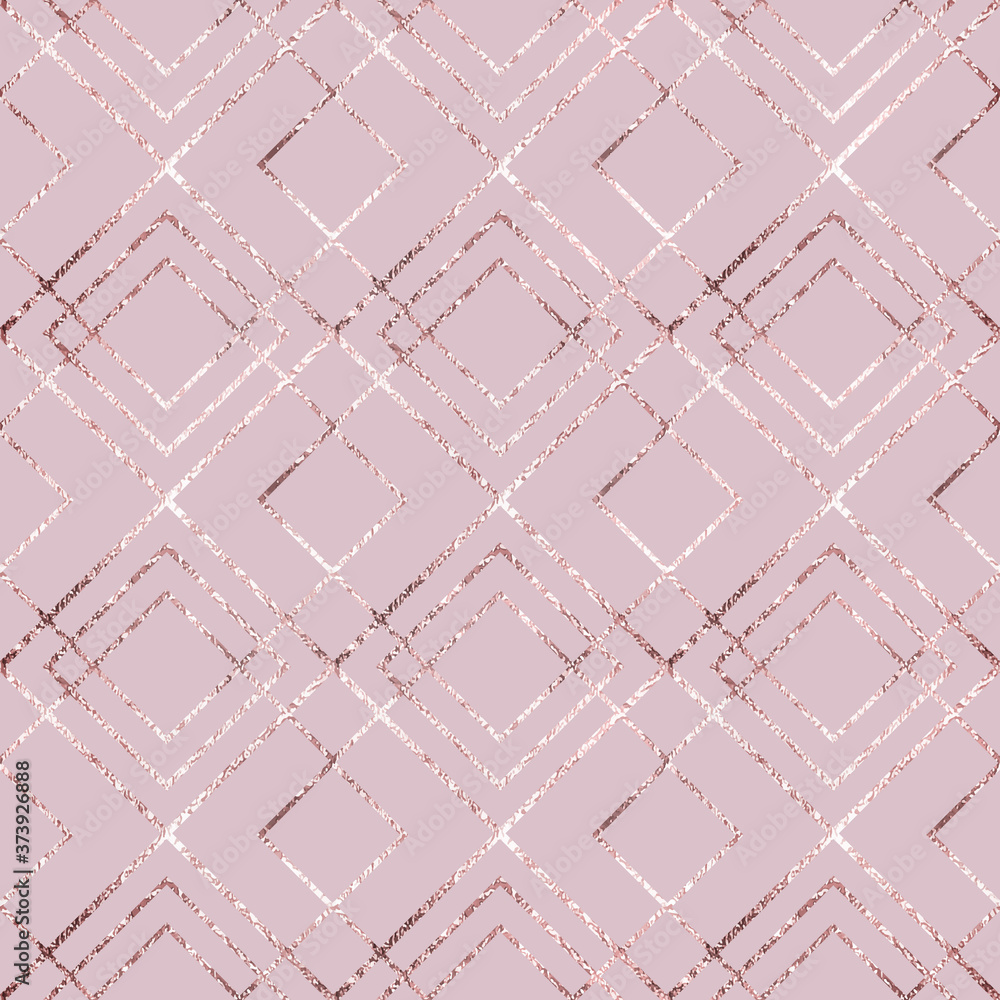 Naklejka premium Geometric seamless pattern foil. Diamond rose gold. Beauty pink background. Roses golden trellis. Abstract angle brackets linear ornament. Diamonds marble sparkle texture for design prints. Vector