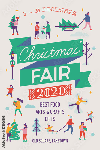 Beautiful vector detailed  Christmas Fair  poster template with abstract winter and holiday activities. People carrying xmas trees  doing snow angels  ice skating  etc.