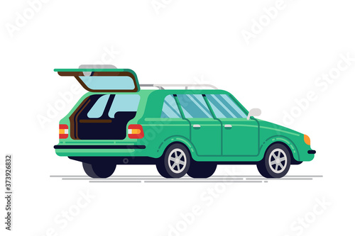 Quality flat vector station wagon car vehicle with open trunk, back view, isolated