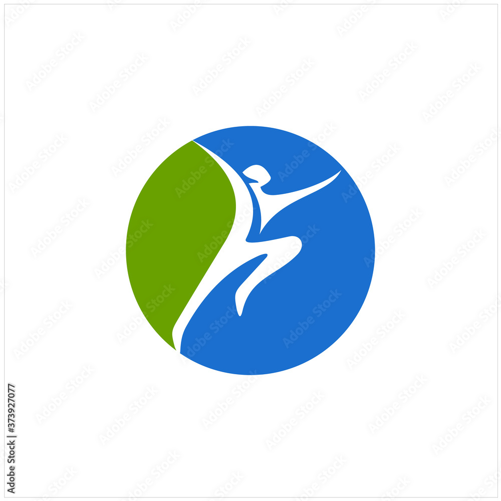 Obraz premium Abstract round symbol with happy human silhouette. Sport, fitness, medical or health care center logo design concept.