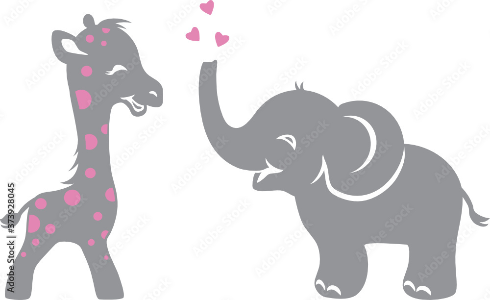 Naklejka premium Funny smiling giraffe and elephant with hearts