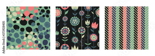 Collection of matching seamless patterns vectors, floral, dots and zig zag abstract design