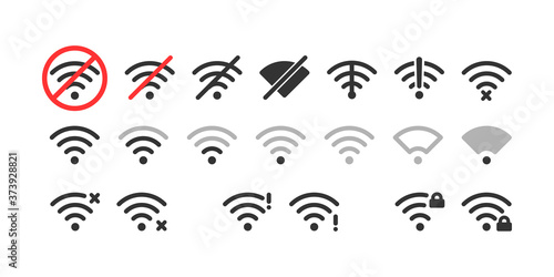 Wireless icon set. No wifi. Different levels of Wi Fi signal. Vector illustration on white background