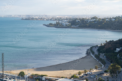 Panoramic view of seaside in Sidi Bou Said at sunset. Tunisia, North Africa