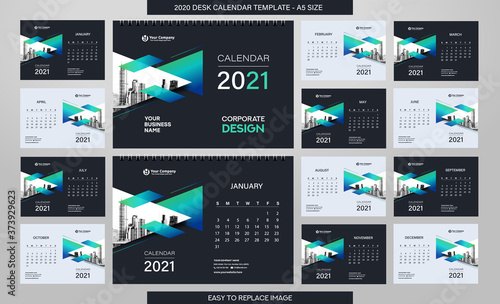 Desk Calendar 2021 template - 12 months included - A5 Size