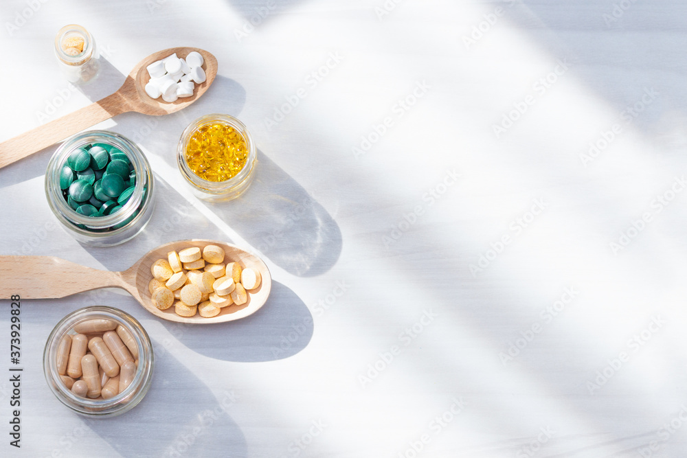 Vitamins, supplements, healthy life concept. Flat lay, copy space. Vitamins, supplements, healthy life concept. Flat lay, copy space.