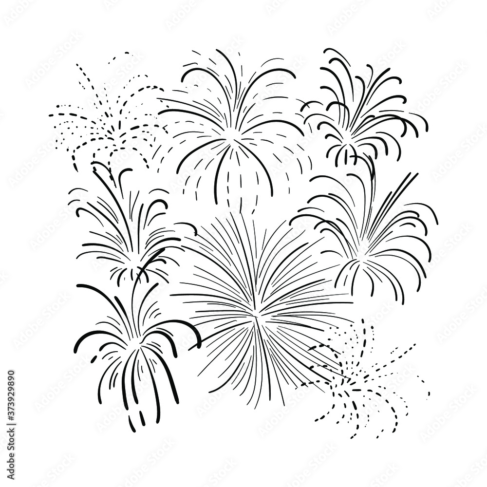 Vector hand drawn black fireworks, monochrome illustration, doodle fire crackers isolated on white background.
